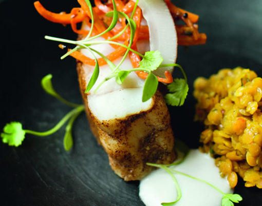 Monkfish Masala with Red Lentils, Pickled Carrots & Coconut Garnish
