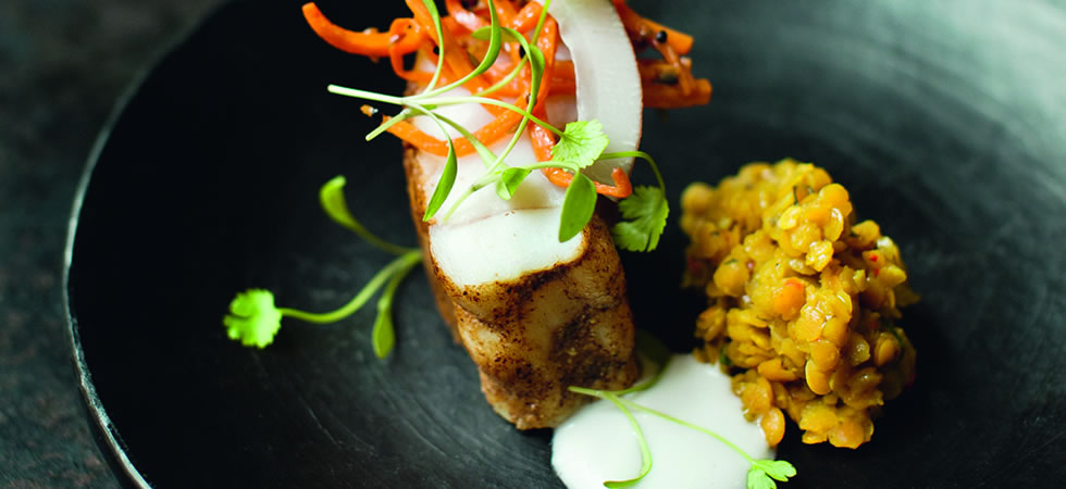 Monkfish Masala with Red Lentils, Pickled Carrots & Coconut Garnish