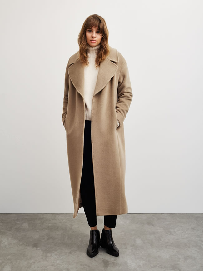 classic camel belted wrap coat
