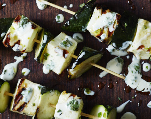 Courgette & halloumi kebabs with green tahini dressing