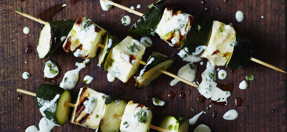 Courgette & halloumi kebabs with green tahini dressing