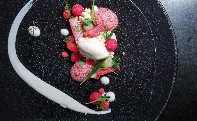 Poached Rhubarb with Cucumber, Raspberries and White Chocolate MR