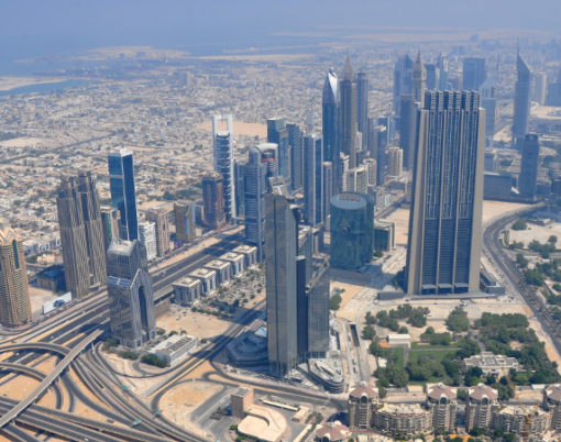 UAE, DUBAI - SEPTEMBER 5, 2016: View on Dubai downtown from the top Burj Khalifa, United Arab Emirates, Persian Gulf, Arabian Peninsula, Middle East