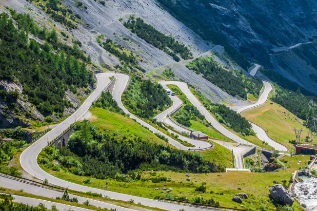 serpentine mountain road in Italian Alps, Stelvio pass, Passo dello Stelvio, Stelvio Natural Park