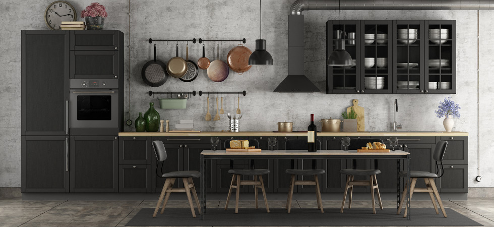 Retro black kitchen in a grunge interior with dining table - 3d rendering