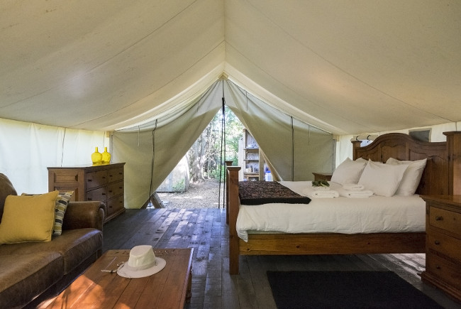 Interior of a Luxury Camping Tent with King Size Bed and Leather Furniture