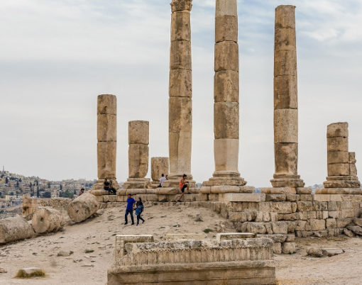 AMMAN, JORDAN - OCTOBER 15, 2018: Temple of Hercules, Roman Corinthian columns at Citadel Hill, Amman, Jordan