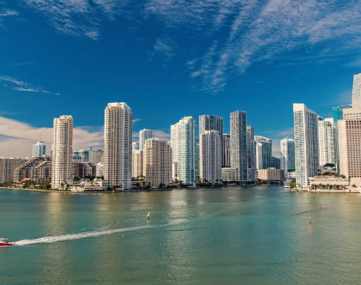 Miami skyline skyscrapers , yacht or boat next to Miami downtown, Aerial view, south beach. Miami