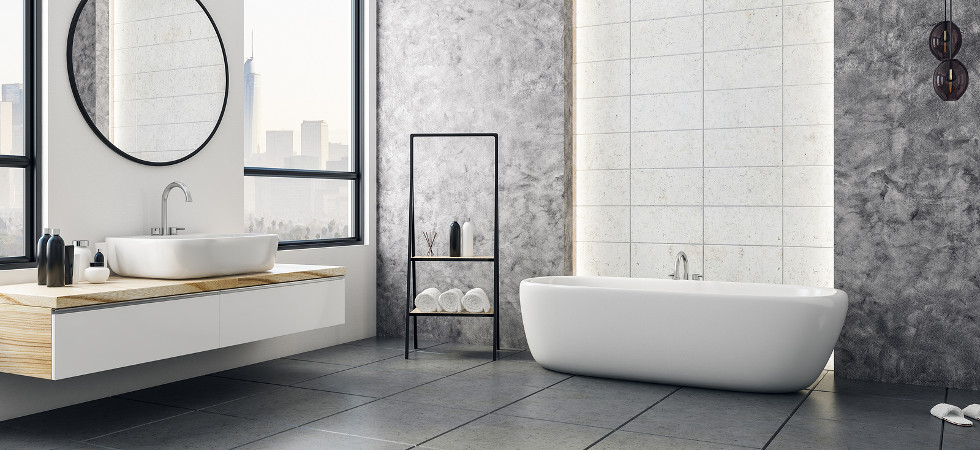 Modern bathroom interior with city view and blank poster on wall. Design and style concept. Mock up, 3D Rendering