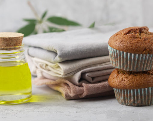 Different products from marijuana. Baking muffins from cannabis, natural CDB fabric and oil