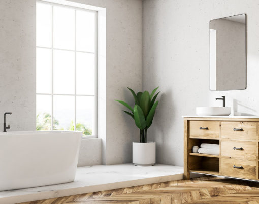 Loft white wall luxury bathroom corner with a wooden floor, a white bathtub, and a double vessel sink. 3d rendering mock up