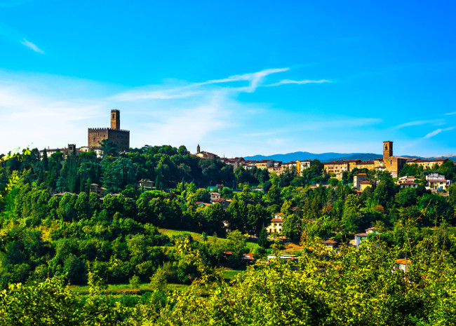 Poppi medieval village and castle panoramic view. Casentino Arezzo, Tuscany Italy Europe.