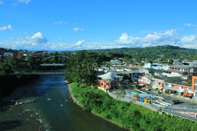 Tena, Ecuador, 18-4-2019: View of two bridges and the river napo that slices through Tena, Ecuador