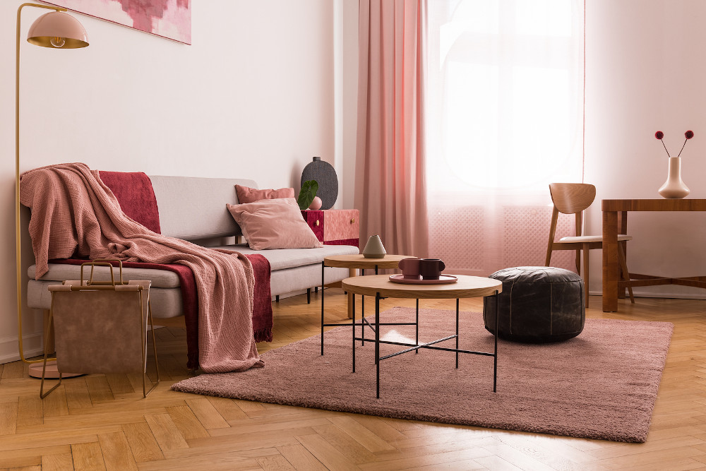 Elegant Living Room Interior With Trendy Grey Sofa With Pastel