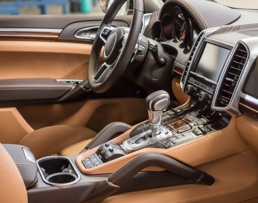 Luxury and modern brown car interior. Inside car.