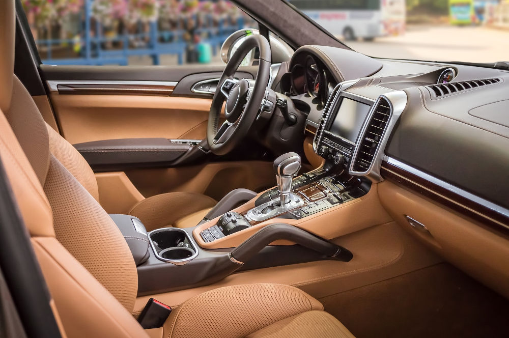 Luxury and modern brown car interior. Inside car.