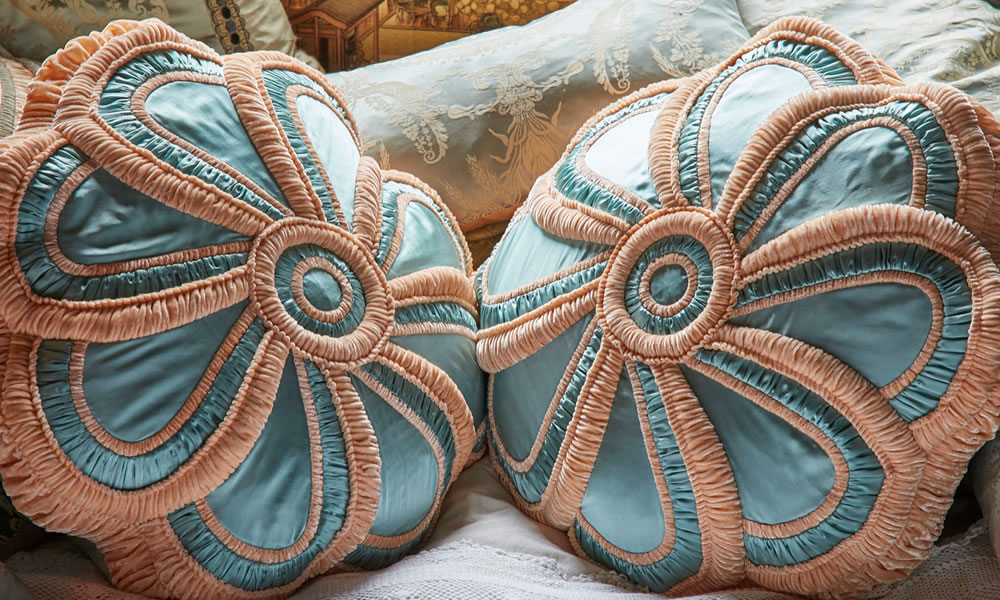 Aroused Rose cushions, satin with velvet ruched trim filled with 100% feathers