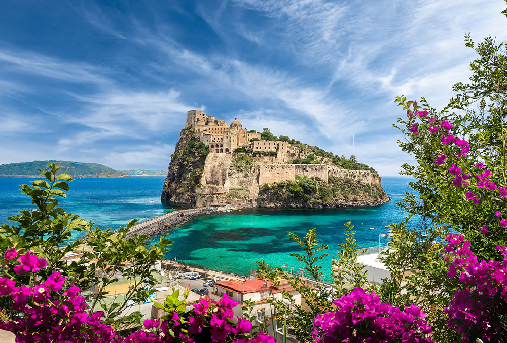 Landscape with Porto Ischia and Aragonese Castle, Ischia island, Italy