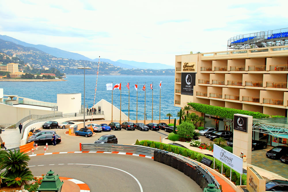 Monaco street and Fairmont Hotel before the races of Formula 1 Grand Prix de Monaco in Monte Carlo, Monaco.