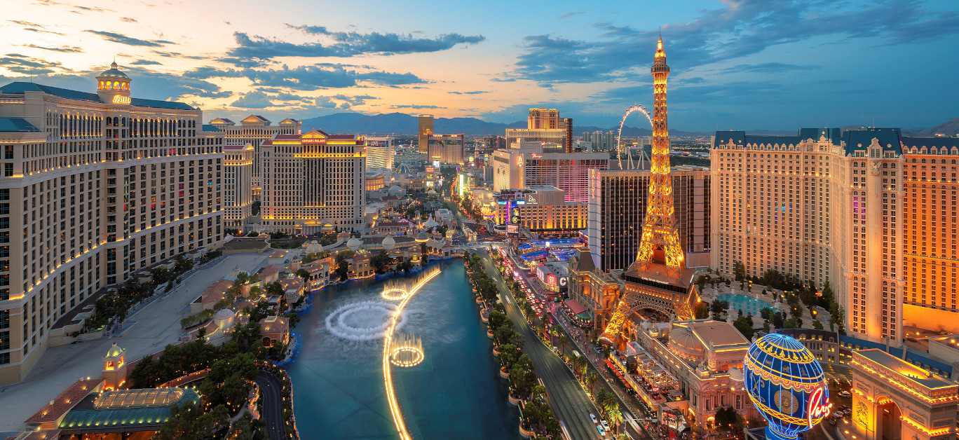 Panoramic View Of Las Vegas Strip As Seen At Sunset On July 4, 2