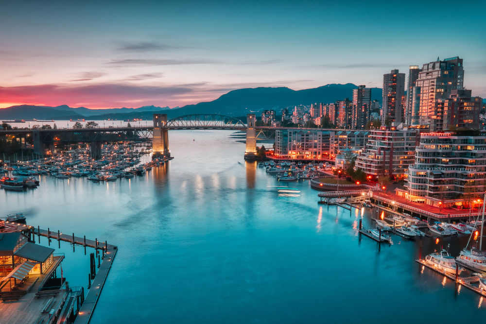 Downtown Vancouver Canada. Scenic view at Burrard Bridge from Granville Island