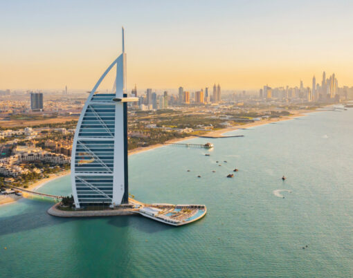 Aerial View Of Burj Al Arab Jumeirah Island Or Boat Building