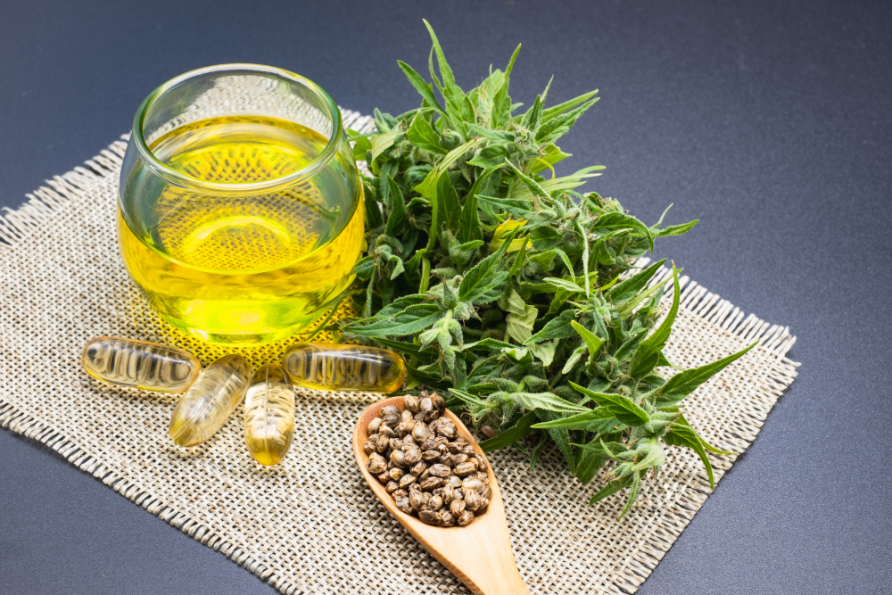 Glass bottle with CBD hemp oil and medicine extracted from hemp oil