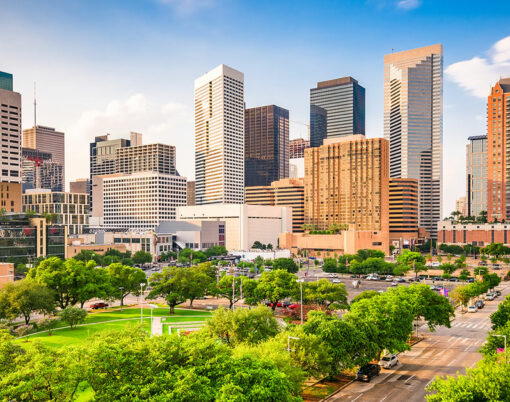 Houston, Texas, USA downtown city skyline over Root Square.