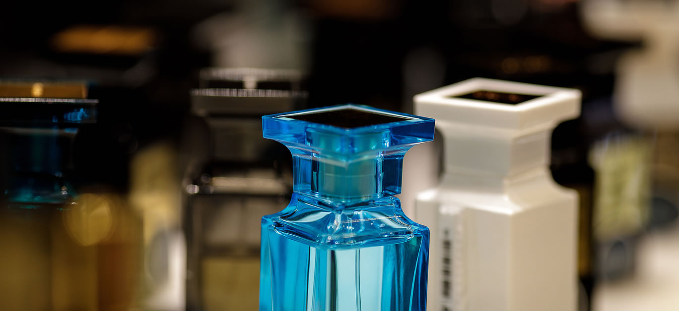 Perfume bottles. Fragrance for man and woman. stylish luxury perfume store with fragrance