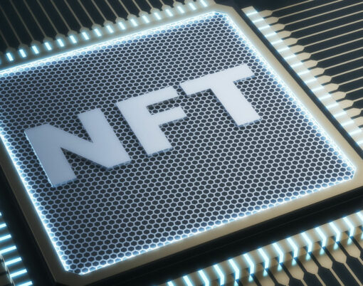 Abstract shiny nft chip on gray background. Non-fungible token and hardware concept.