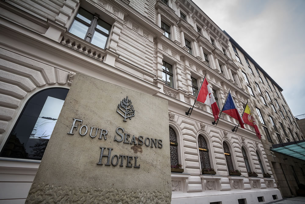 Four Seasons logo on their main hotel in Prague