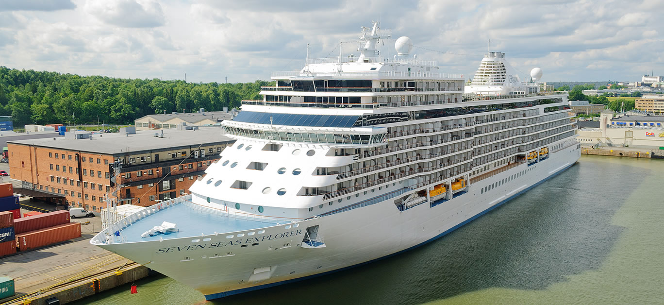 Regent line cruise ship "Seven Seas Explorer" at dock in Stockholm harbor