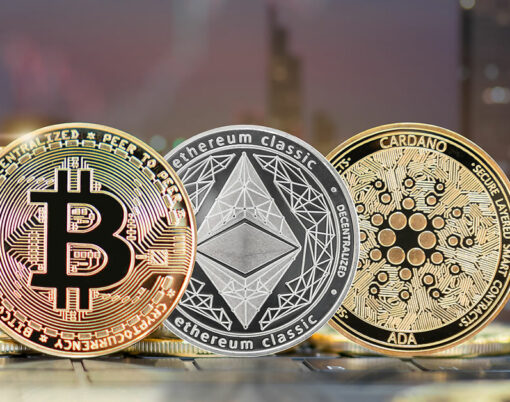 Bitcoin BTC cryptocurrency coin with altcoin digital crypto currency tokens