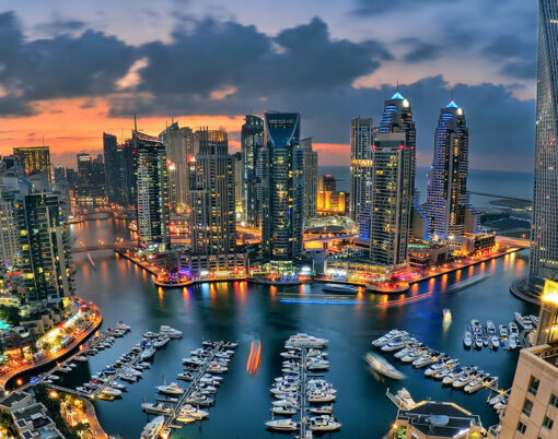 Beautiful aerial view of Dubai Marina just after the sunset in Dubai
