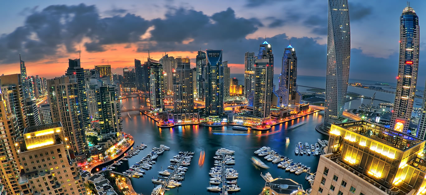 Beautiful aerial view of Dubai Marina just after the sunset in Dubai