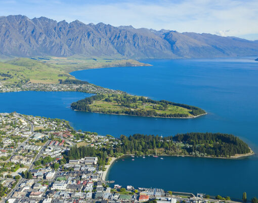 Bird's eye view of Queenstown lake Wakatipu and the Remarkables mountains