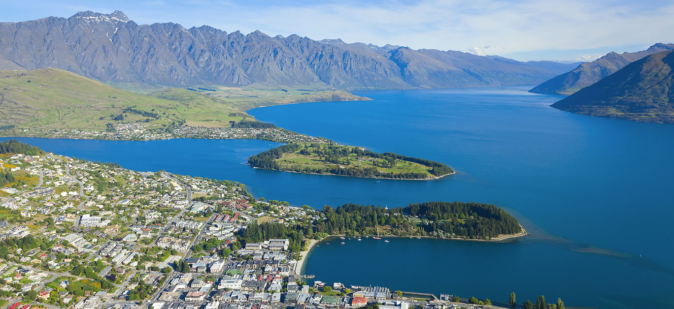 Bird's eye view of Queenstown lake Wakatipu and the Remarkables mountains