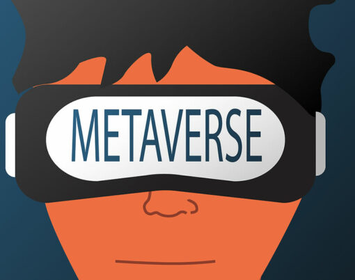 Travel the virtual world with metaverse. man face blue background vector illustration