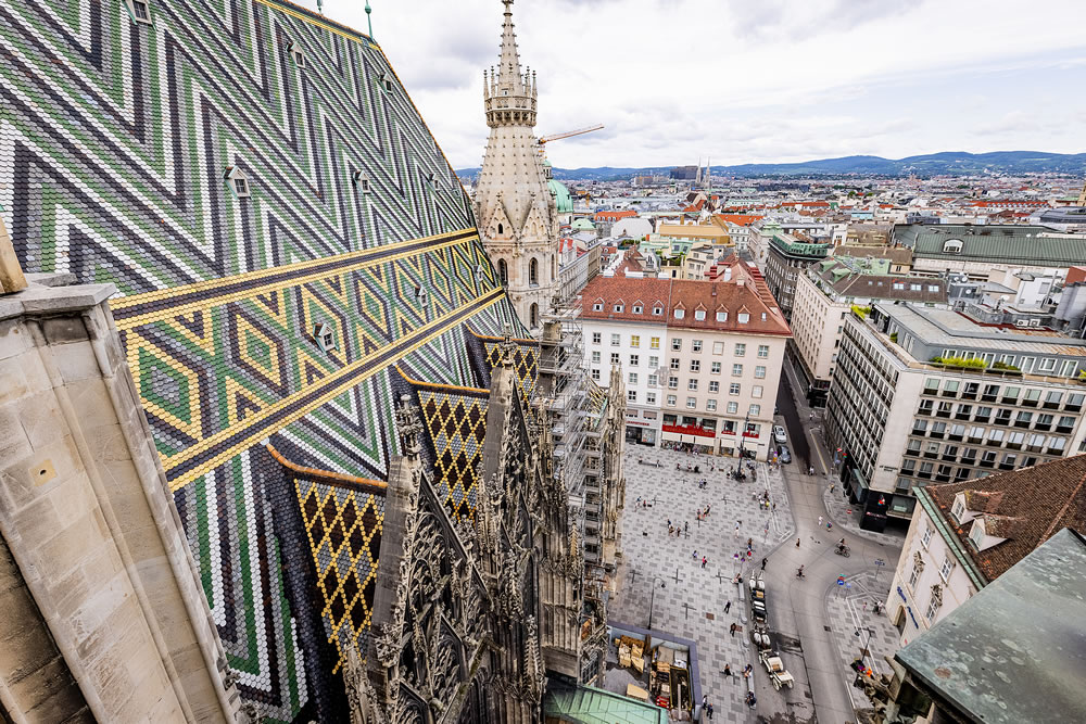 View over the city of Vienna from the top of St Stephans Cathedral 