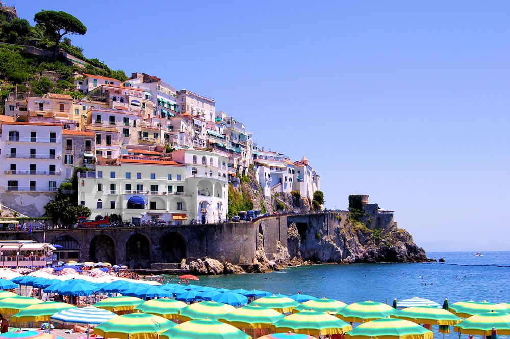 Colorful view over the beach at Amalfi, Italy