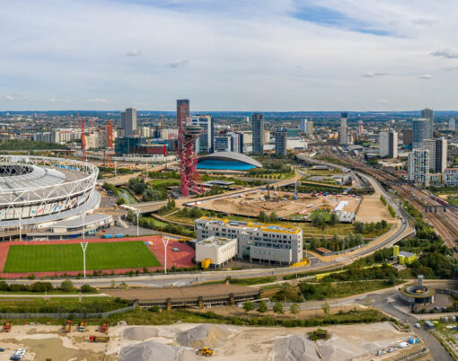 Aerial view of the Olympic park in London with the the Olympic Stadium