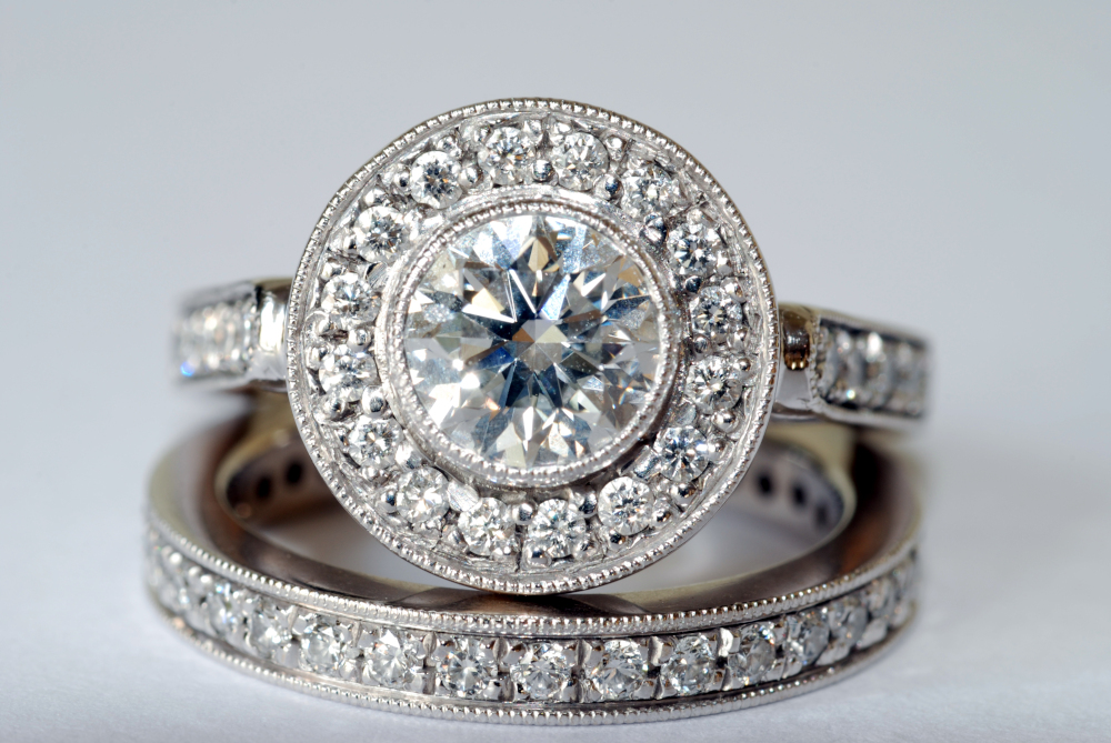 Close up on diamond wedding and engagement rings