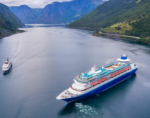 Cruise Ship, Cruise Liners On Sognefjord or Sognefjorden, Aerial photography Flam Norway