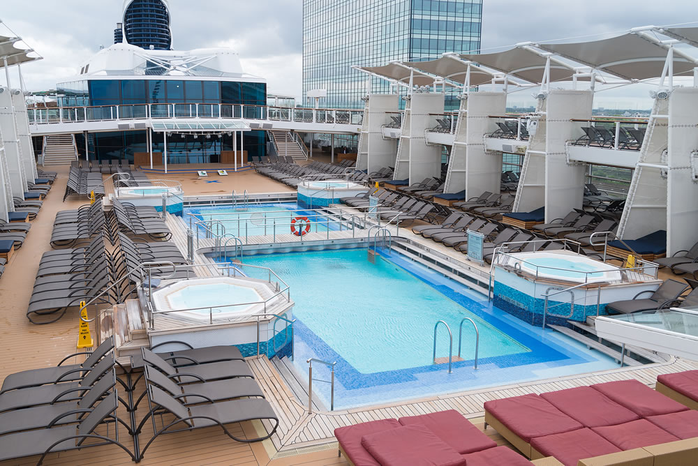 cruise ship deck with luxury swimming pool