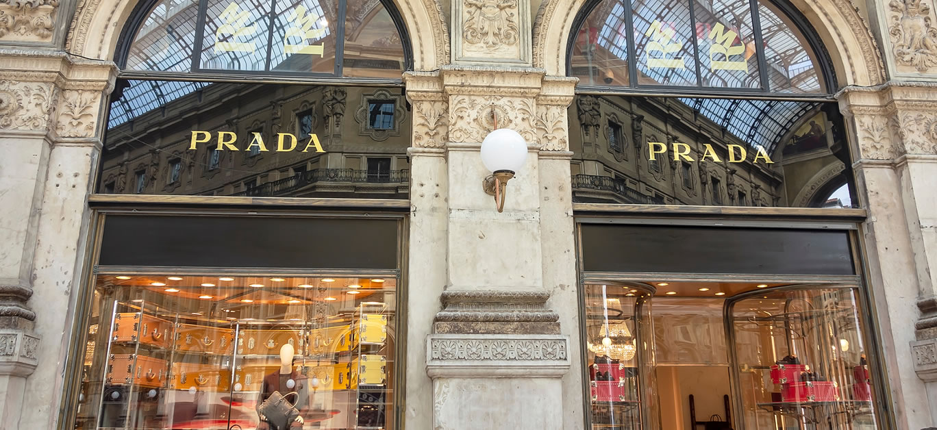 Prada store sign. Prada an Italian luxury fashion house.