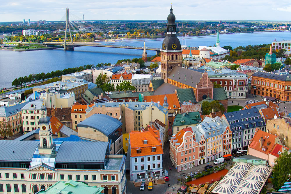 Panorama view of Riga Cityscape Old Town, Dome cathedral, Cathedral Basilica of Saint James, Riga castle and River Daugava from Saint Peter church, Riga, Latvia