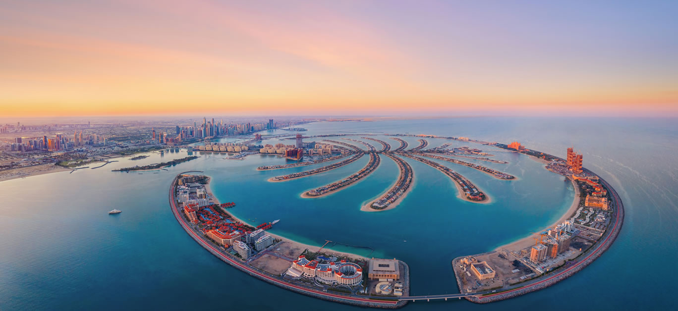 Aerial view of The Palm Jumeirah Island, Dubai Downtown skyline, United Arab Emirates or UAE
