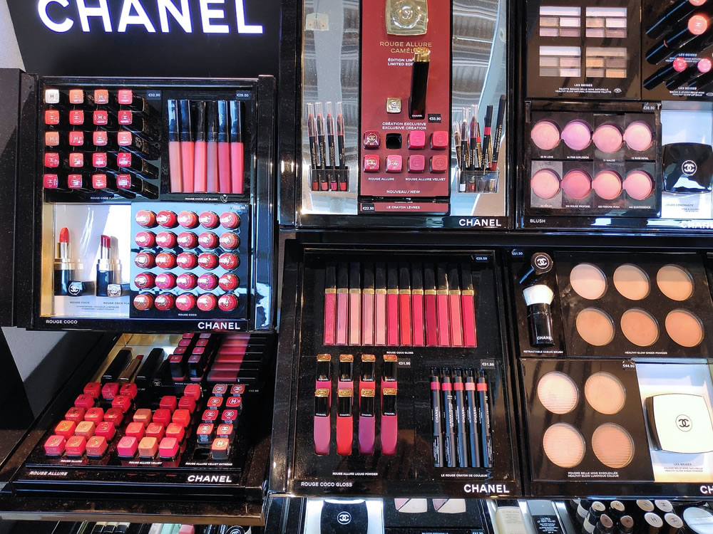 Expensive luxury Chanel brand cosmetics and beauty products at a duty free store in Cologne Airport, Germany
