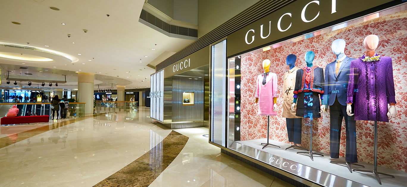 shopwindow of Gucci store at Elements Shopping Mall