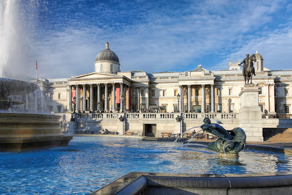 The National Gallery at Trafalgar Square in London in the evening